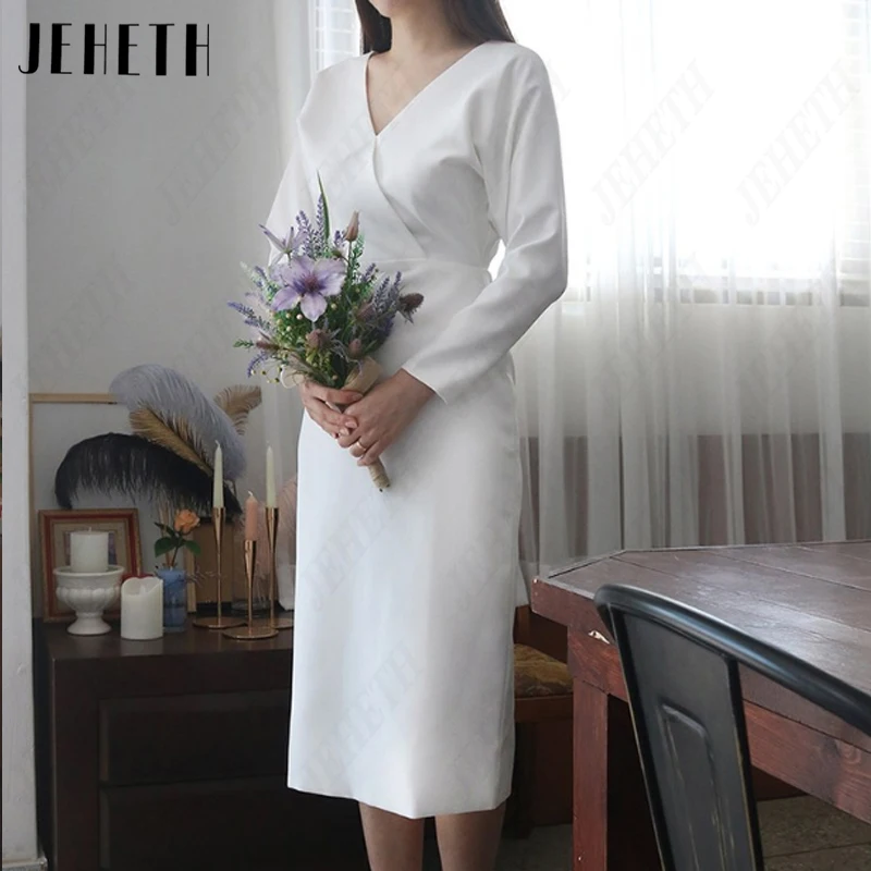 JEHETH Manga comprida V-Neck Coreia Vestidos de casamento Mulheres Satin Simples A-Line Vestidos De Noiva Elegante Botão Backless Mangas compridas V-Neck Coréia Vestidos de Casamento Mulheres Cetim Simples A Linha Vest