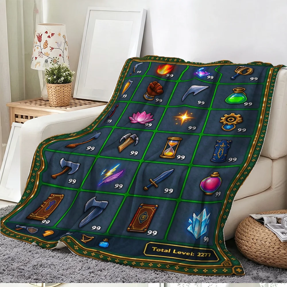 Retro Pixelated Game-Inspired Blanket - Nostalgic RuneScape Skill Menu Design, Dark Stone Grid Background, 99 Max Level Detail,