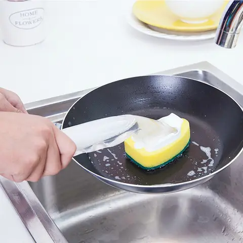 रिफिल करने योग्य डिश स्क्रबर - बर्तनों और पैन के लिए लंबे हैंडल वाला डिटर्जेंट डिस्पेंसिंग स्पंज ब्रश 10 best sales स्पंज - №5