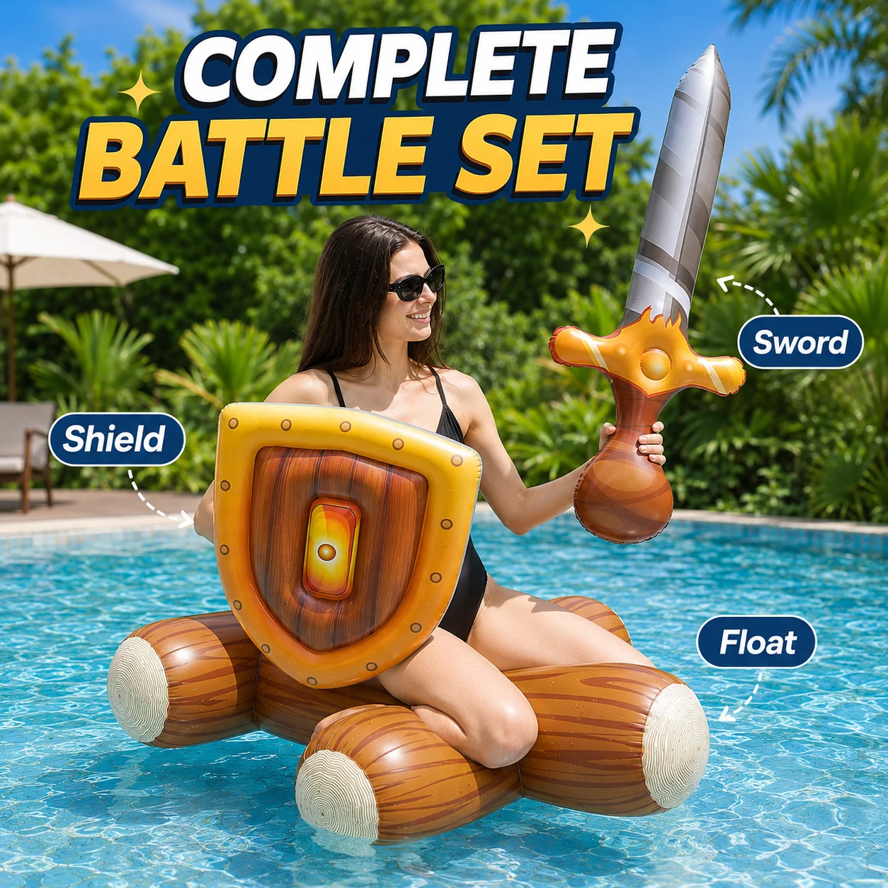 

1PC Inflatable Log Joust Battle Float Set, PVC Pool Fighting Raft with Inflatable Sword Shield, Adult Water Sport Float for Pool