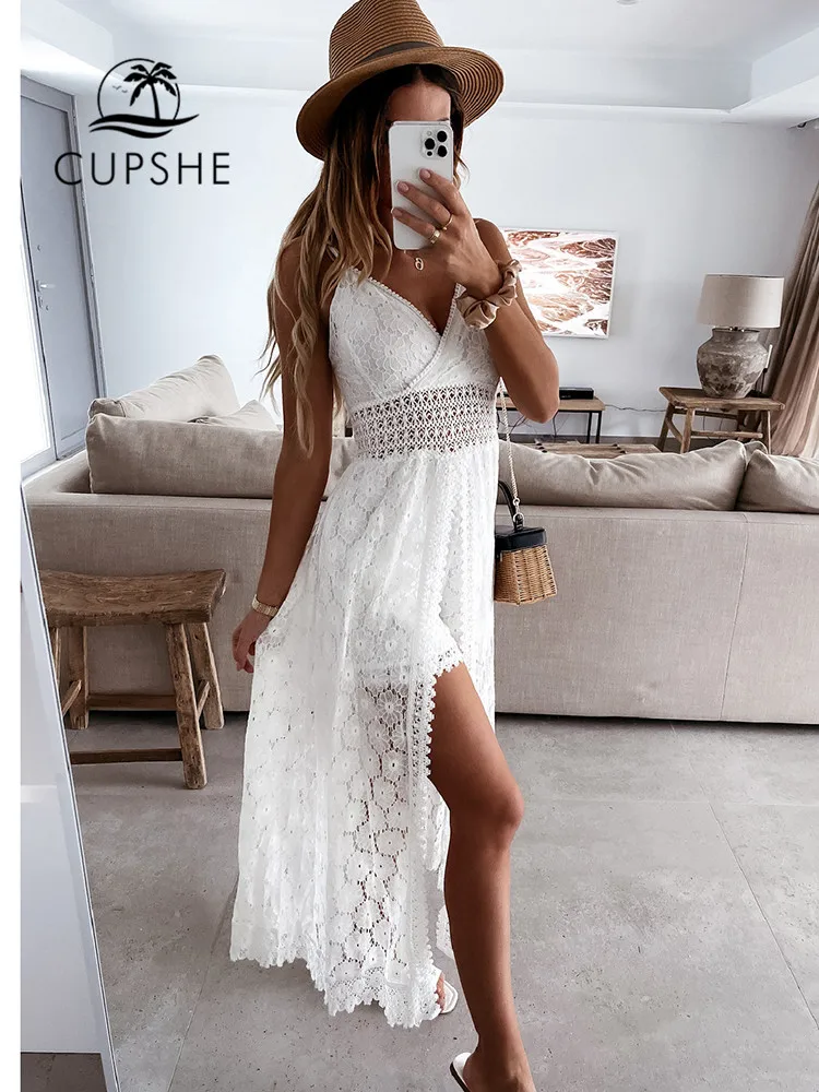 CUPSHE V-neck Thin Straps Jumpsuit For Woman White Sexy Smocking Beach Kaftan Maxi Slip Dress Cover Up 2023 Summer Beachwear