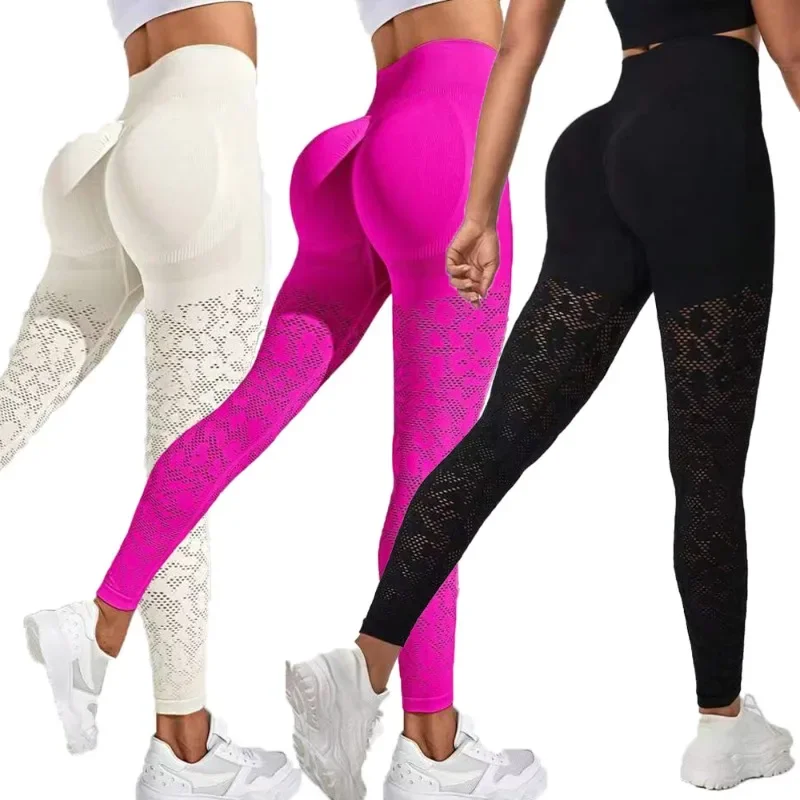 Damskie bezszwowe legginsy wydrążone legginsy gimnastyczne damskie z wysokim stanem oddychające Push Up obcisłe spodnie sportowe do jogi dla kobiet — zdjęcie 2