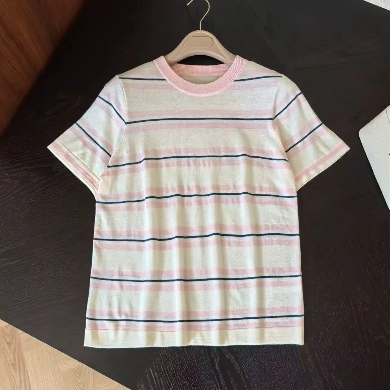 Versatile and Breathable Round Neck Striped Short Sleeve Top