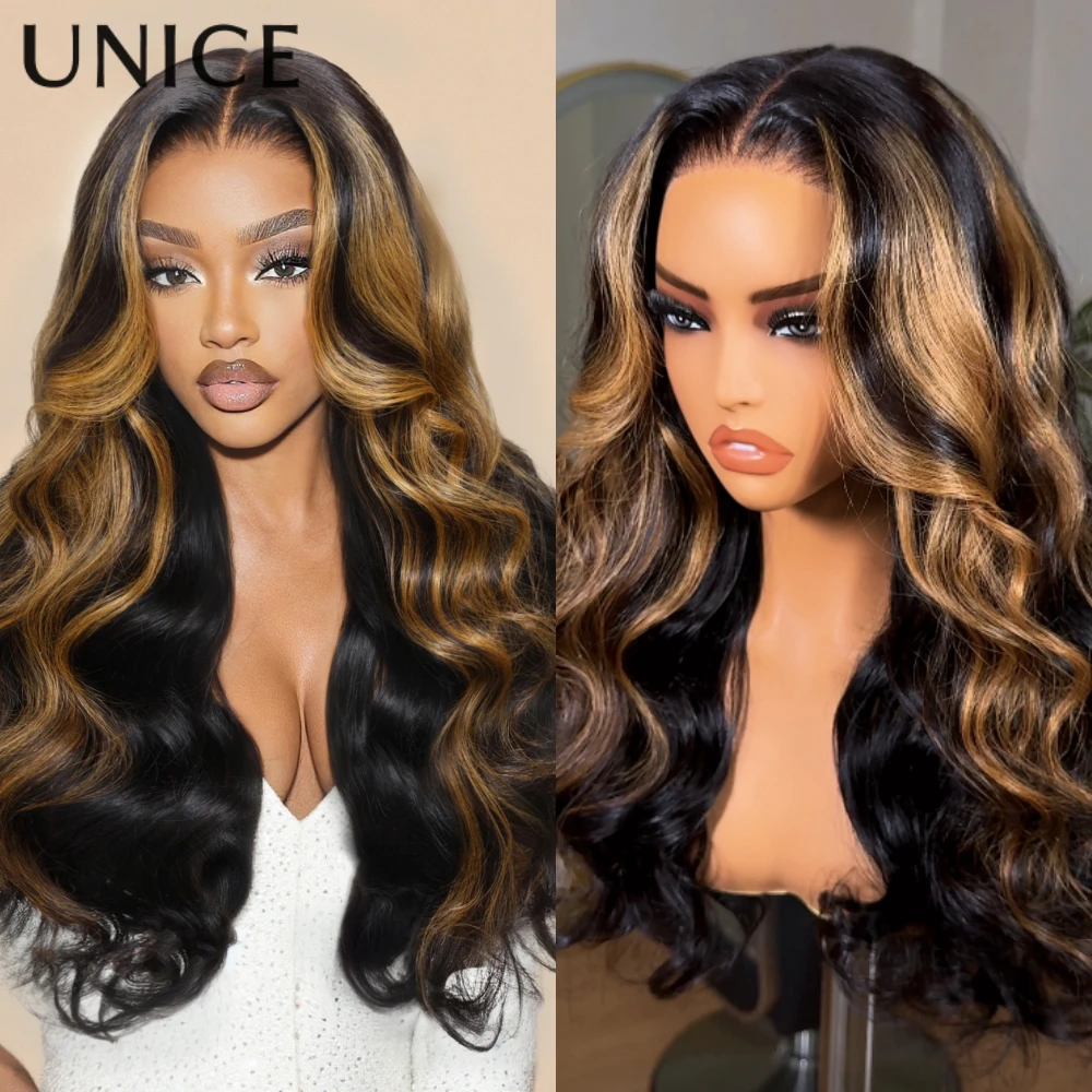 UNice Hair Bionda Caramello Evidenzia Parrucca Dell'onda Del Corpo 7x5 Pre Cut Pre Candeggiata Parrucca Glueless Capelli Umani Pronti Da Indossare Densità 150%