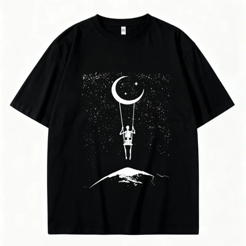 T-shirt manches courtes unisexe, 100% coton, imprimé Swing céleste, surdimensionné, motif créatif de lune et d'étoile, usage quotidien, tendance