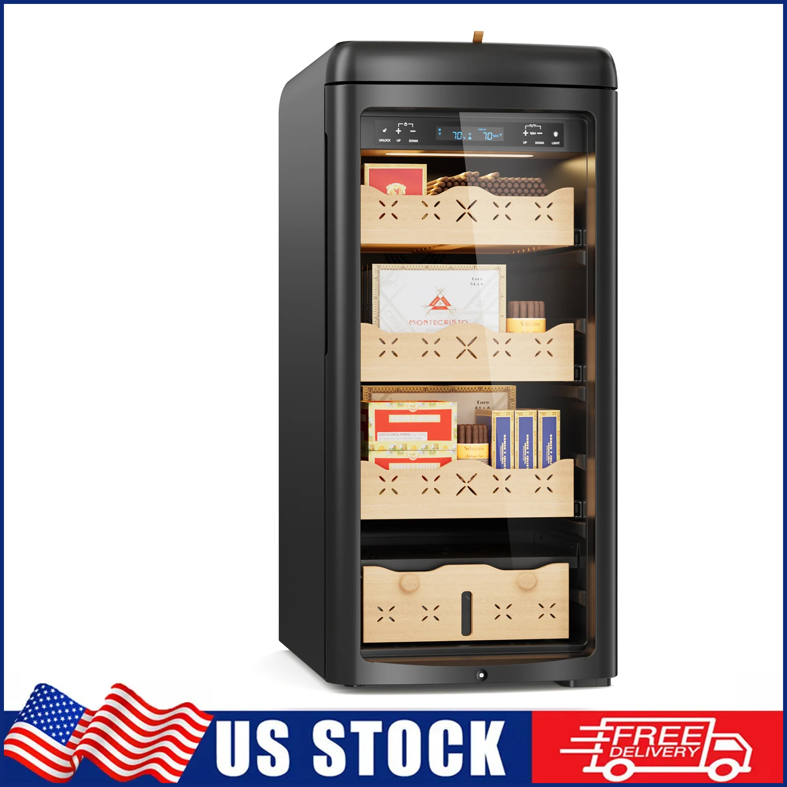 115L Electric Cigar Humidor 900 Counts Large Capacity Intelligent Temperature & Humidity Control,Spanish Cedar Wood Drawer