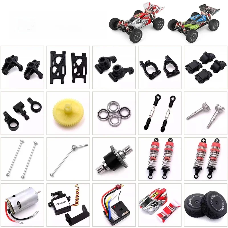Pièces de rechange de voiture RC WLtoys 144001 1/14 RC, moteur récepteur Servo de voiture/bras oscillant/couvercle de coque de carrosserie de voiture/arbre d'entraînement/pneu