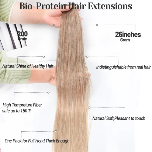 Imagen 2 del producto Extensión de cabello sintético biológico liso Rubio ombré para coser, 26 "", 200g, fibra resistente al calor, resaltado, cola de caballo, cabello trenzado para Cosplay