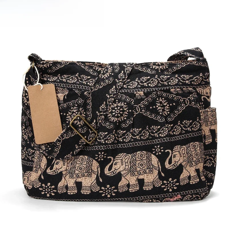 Annmouler duża damska torba na ramię tkanina bawełniana Crossbody torba Tribal nadruk słonia torba typu Hobo miękka regulowana torba — zdjęcie 2