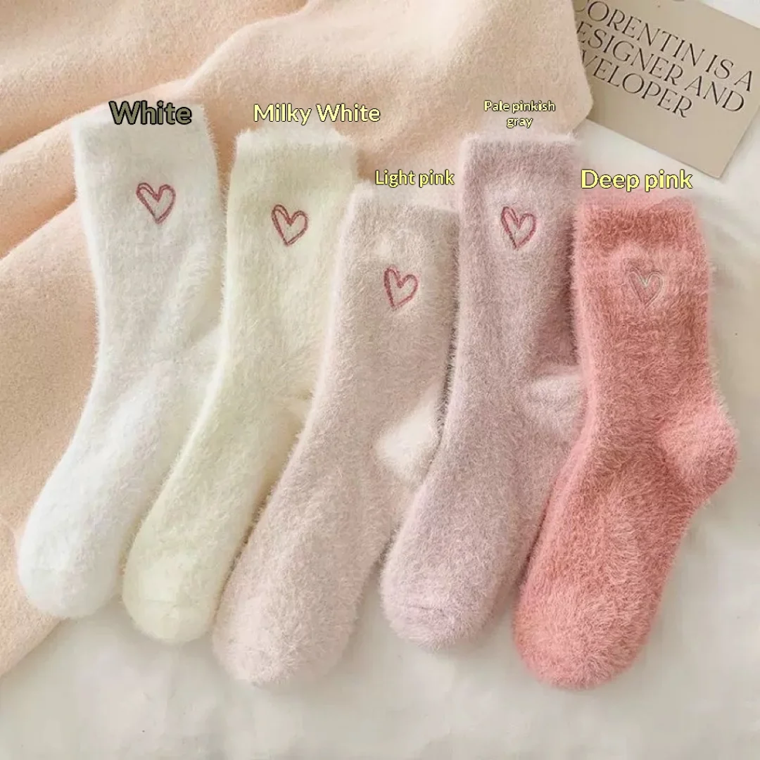 

Women's Cozy Winter Faux Fur Socks 5-Pack Plush Mid Calf Warm Sleeping Socks with Heart Pattern Long Stockings for Cold Weather