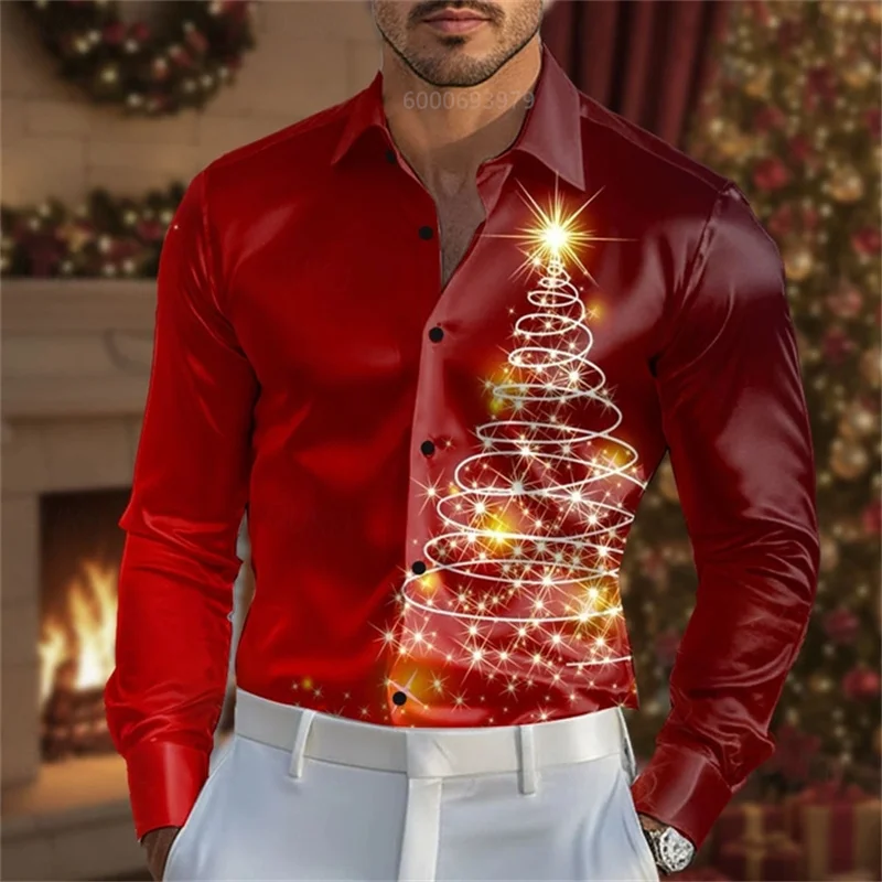 Camicia natalizia da uomo con maniche lunghe in colore sfumato, moda casual, festa, vacanza, primavera e autunno, risvolto, camicia con bottoni stampati in 3D
