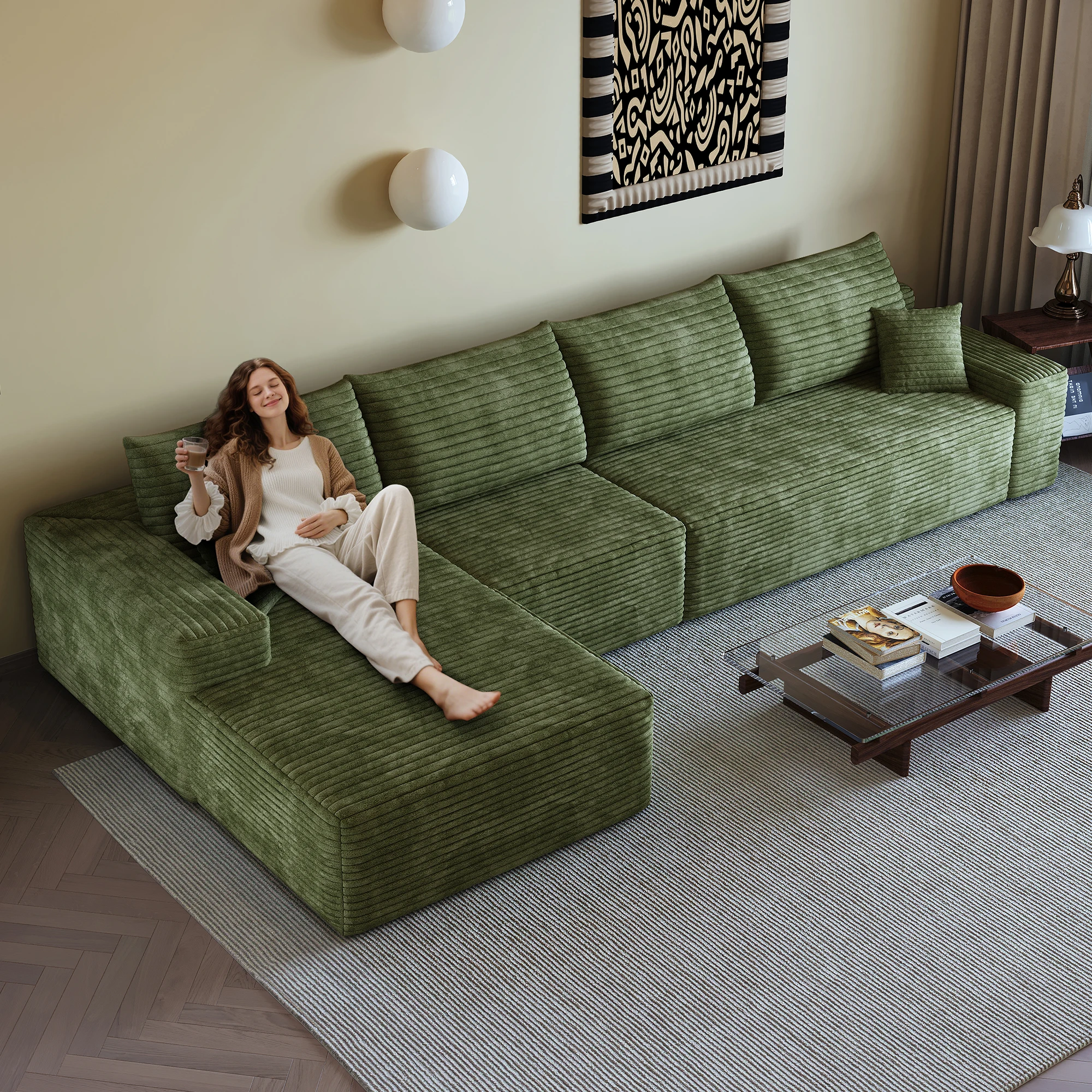 340 cm L-förmiges Ecksofa mit Chaiselongue – modernes modulares Sofa aus plüschigem Corduroy-Stoff, tiefe Sitzfläche, rahmenloses Design, montagefrei für Wohnzimmer, Schlafzimmer & Apartments, Grün