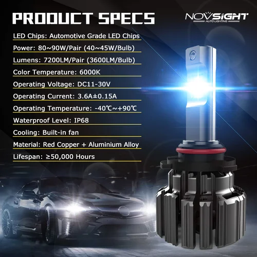 Imagen 2 del producto NOVSIGHT-faros LED antiniebla para coche, bombillas de 12V, H4, H7, H11, 9005, 9006, HB3, HB4, 7200LM, 6000K, 80W