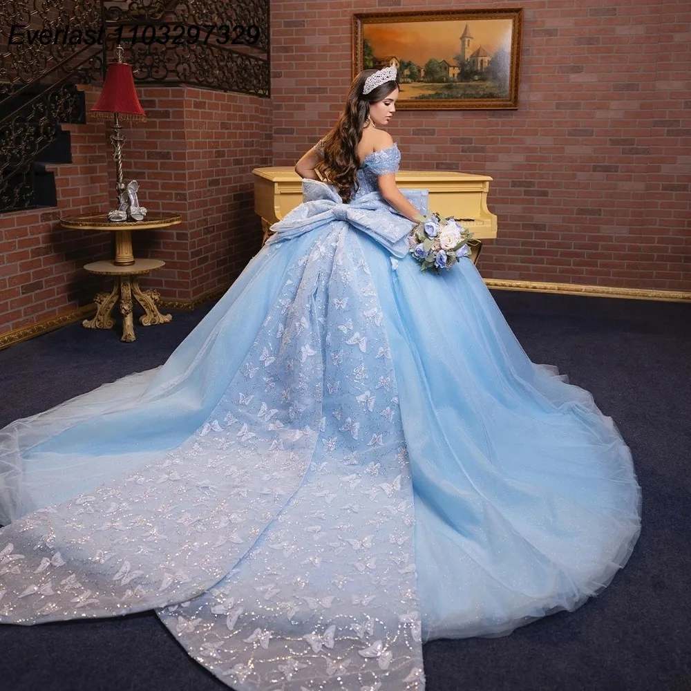 Luxury Sky Blue Quinceanera Dress Off Shoulder Butterfly Applique Beading Bow Formal Ball Gown Sweet 16 Vestido De 15 Anos