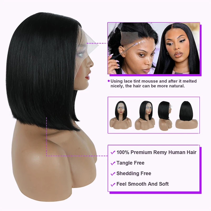 Peluca de cabello humano con encaje frontal para mujeres negras, pelo corto predespuntado con corte Bob, línea de cabello natural, densidad de 200%, # 1B, 13x4