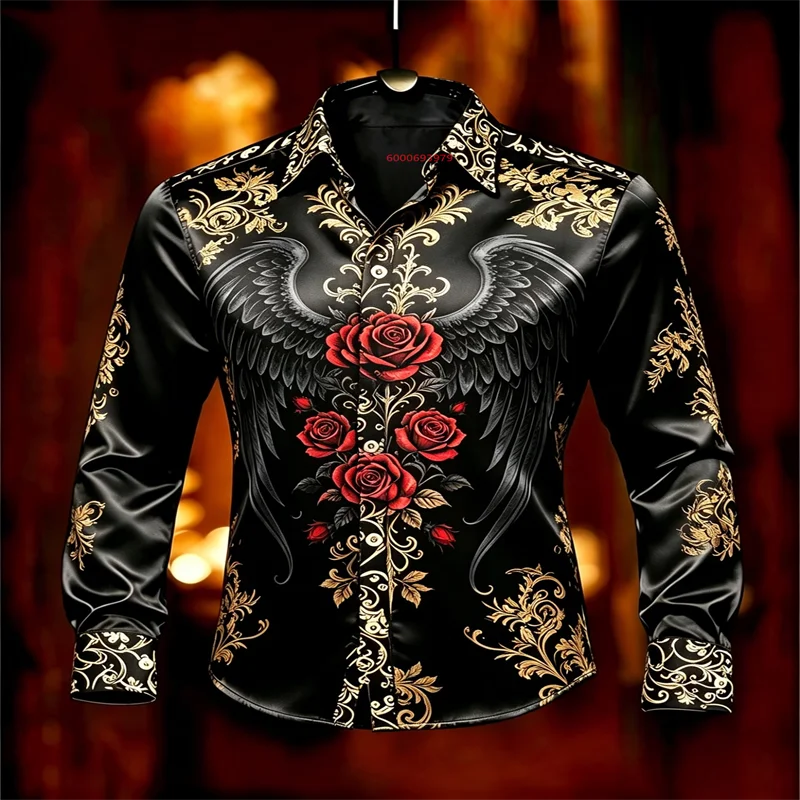 

Men's slim-fit, glossy satin shirt in a Gothic style, featuring a print design of black wings, red roses, and gold florals.
