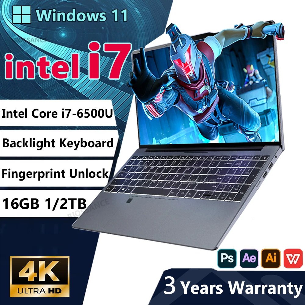 2026 15.6 Intel Core i7 6500U Computer Portatile PC Windows 11 16GB DDR4 1TB SSD Laptop Retroilluminati Ufficio Impronte Digitali Sblocco Gioco PC