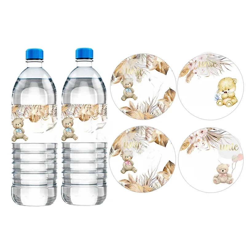 Niestandardowe Pampas Grass Boho Bear Okrągłe naklejki Etykiety na butelki z wodą Dostosowane Baby Shower Witamy Baby Chrzest Chrzest Decor — zdjęcie 2