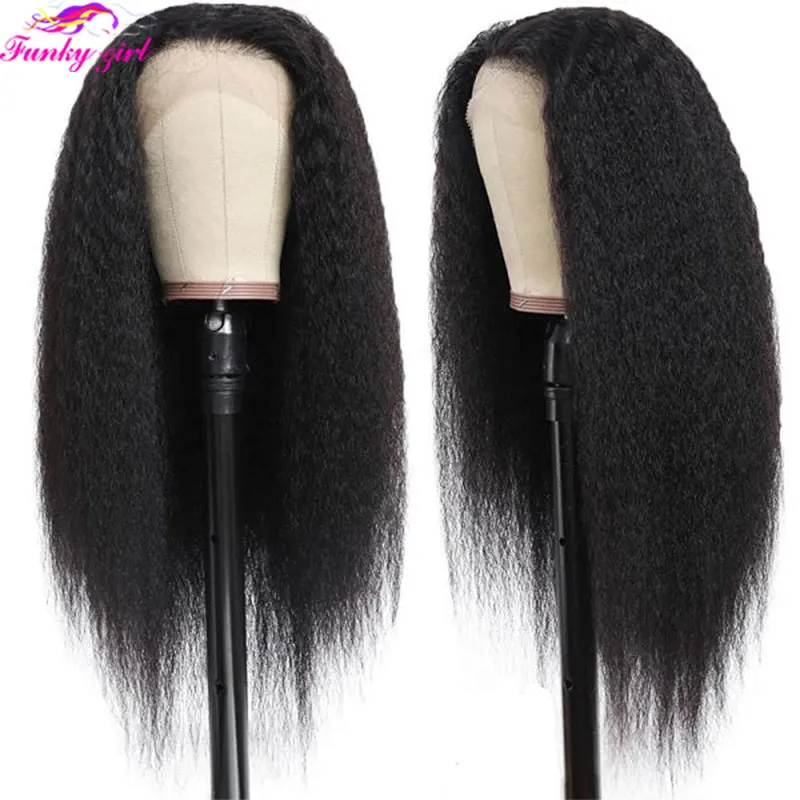 Kinky Straight T Part Lace Wig Brazilian Hair Transparent Lace T Part Human Hair Wigs For Black Women 10-30 Inch 180% Density