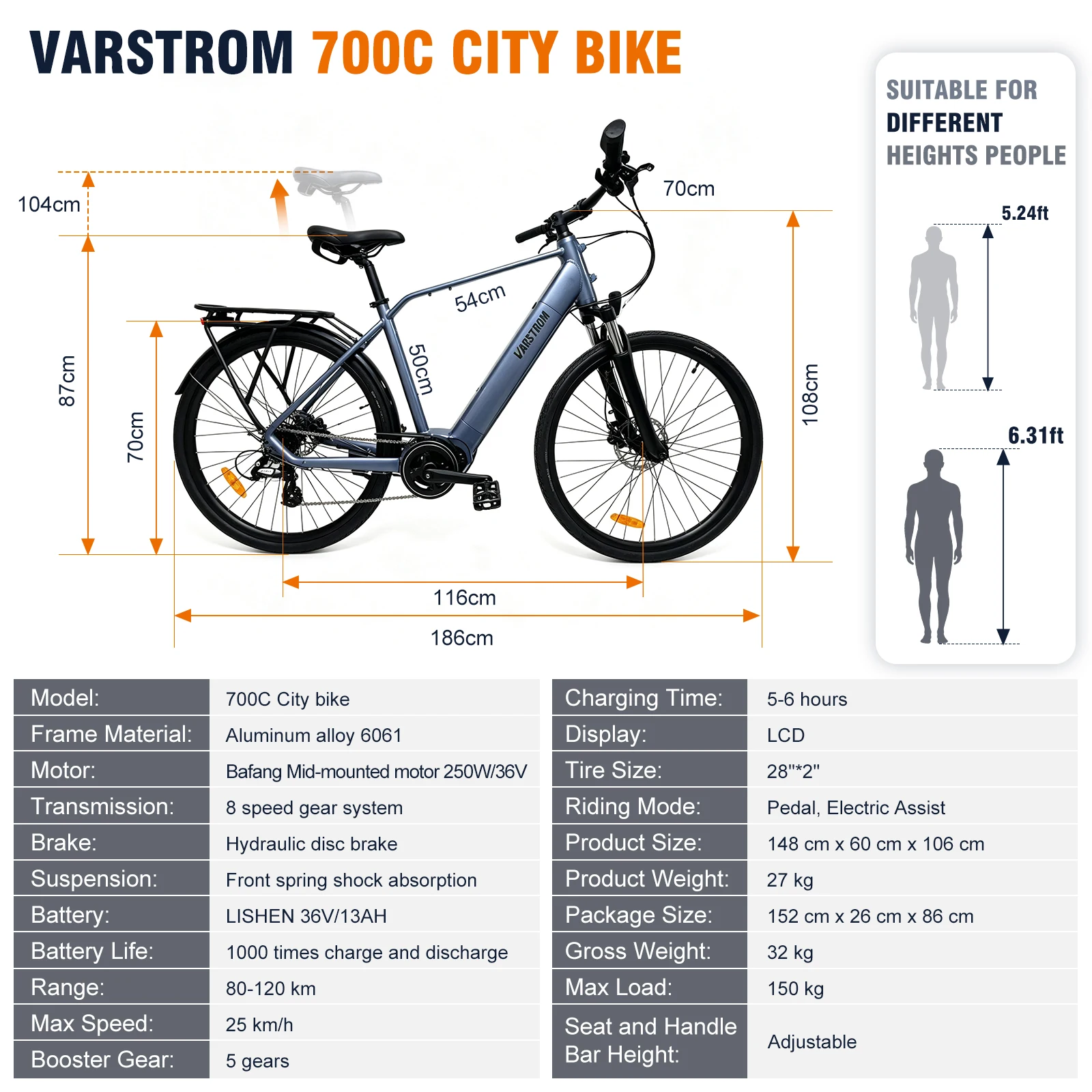 [ Zollfrei ] Varstrom 28" 700C E-Bike für Pendler, 120 km Reichweite, BAFANG M200 250W, 36V 13Ah 468Wh Akku, Geschwindigkeit 25 km/h, 8 Gänge, Scheibenbremsen E-Bike, Versand aus Polen – Detail 13