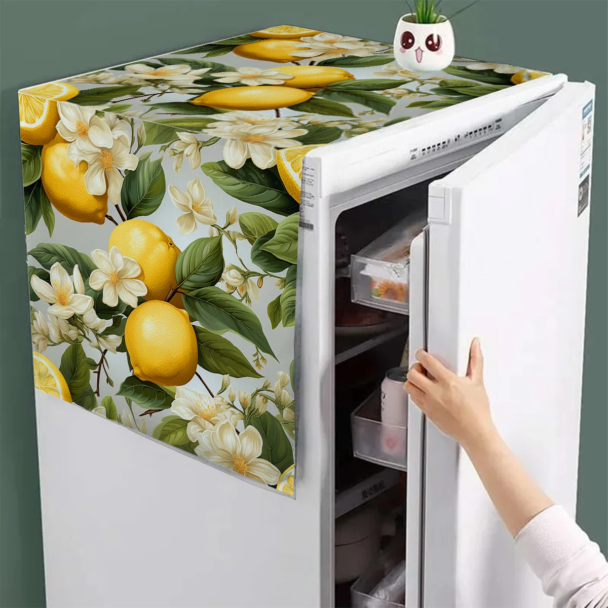 Yellow Lemons Green Leaves Design Refrigerator Dust Cover Washable Printing Washing Machine Cabinet Dust Protection Cover