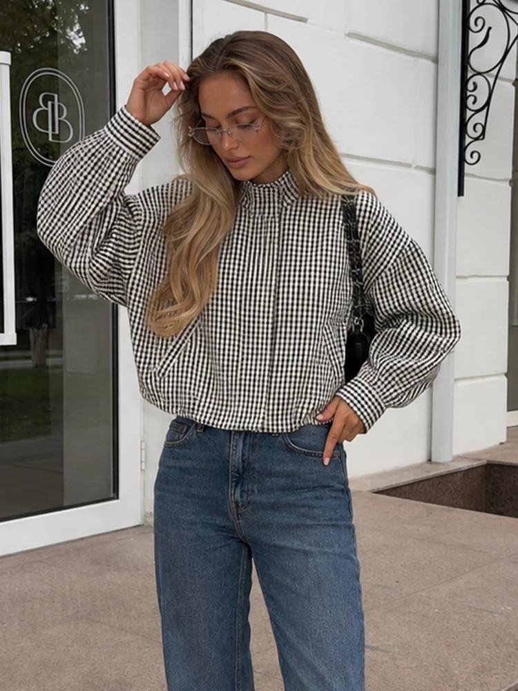 HH Women Fashion Retro Jacket Fine Plaid Print Chic Stand Collar Smocked Hem Loose Coat 2026 Spring Autumn Back To School wear