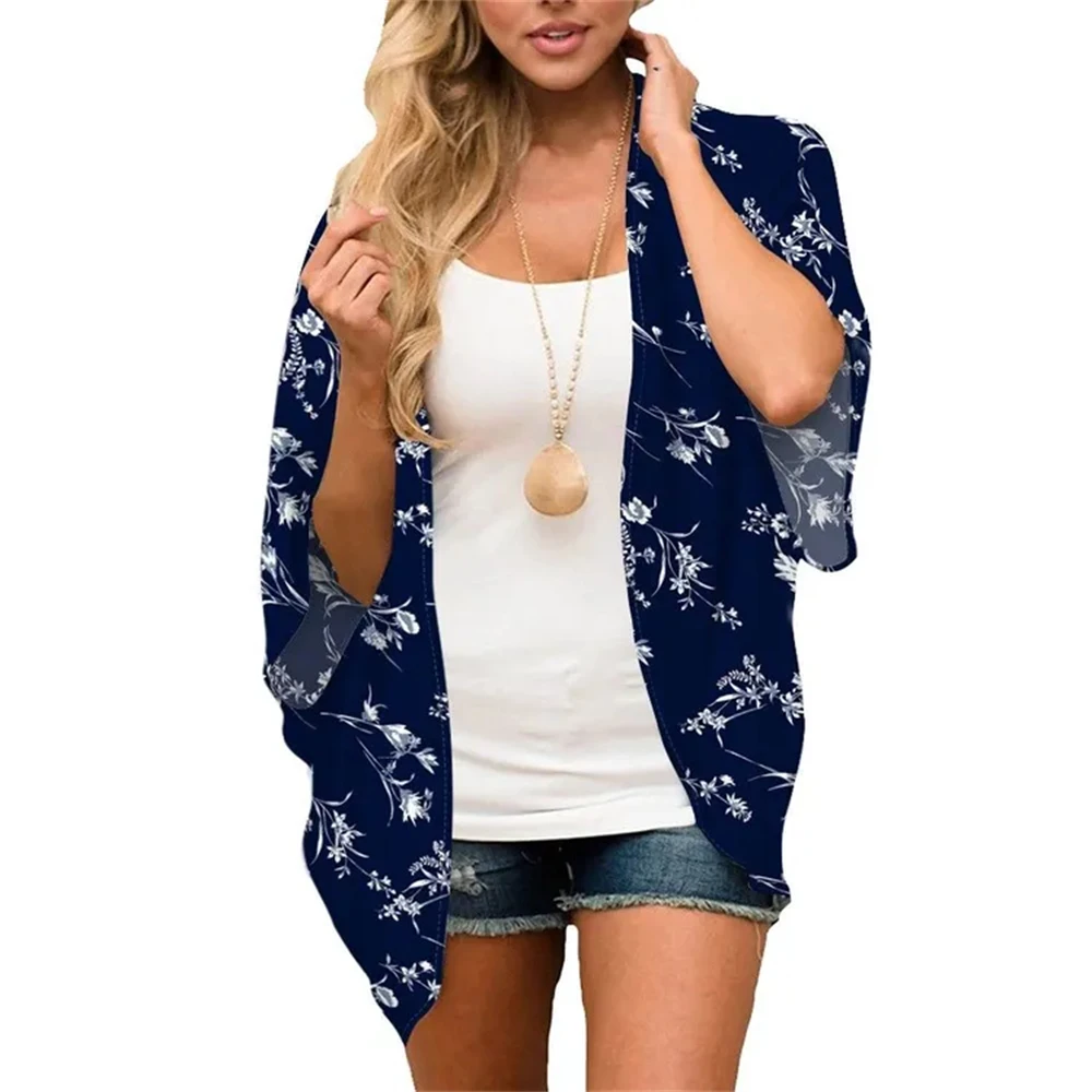 Cardigan a maniche corte con stampa floreale da donna stile Kimono Cardigan in Chiffon aperto sul davanti copricostume allentato camicetta Casual top camicette