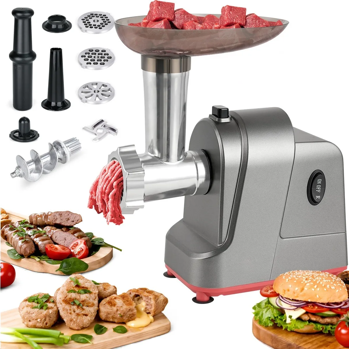 Picadora de Carne Eléctrica y Procesador de Alimentos - Embutidora de Salchichas, con 3 Placas de Acero Inoxidable - para el Hogar/Cocina, Regalos Ideales