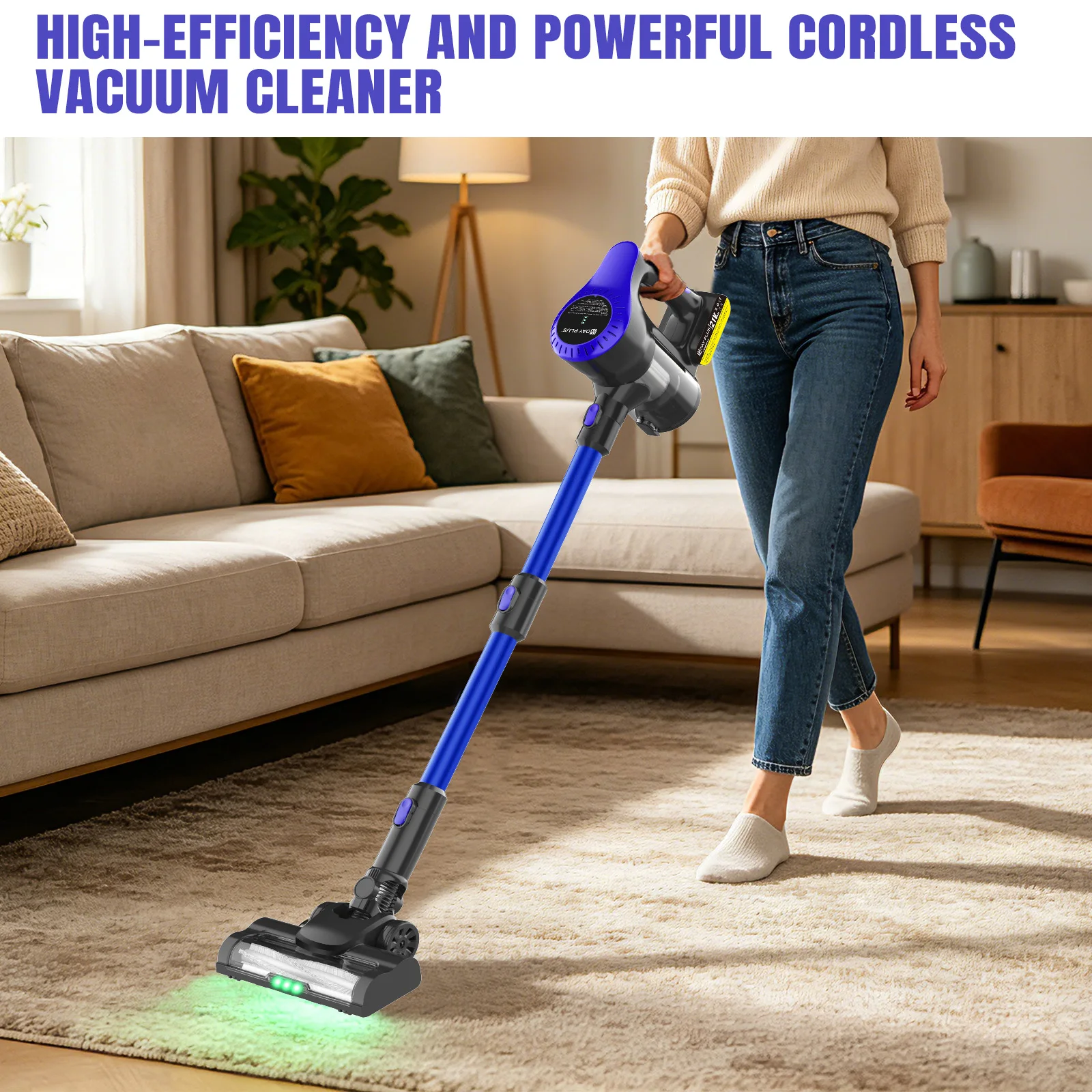 Aspiradora Inalámbrica de 3000W, 15000PA, 3 en 1, con Luz LED + 1 Filtro HEPA + Batería Recargable de 3000mAh, Herramientas para Mascotas, Grietas y Superficies Múltiples, Azul + Negro