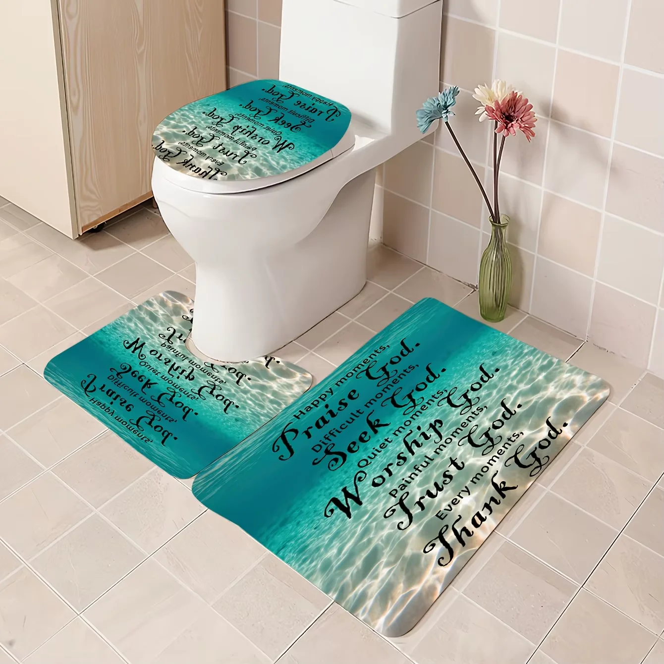 3Pcs Ocean Beach Christian Scripture Quote Bathroom Rug Set, Teal Sea Water Background Religious Faith Words Print Non‑Slip Bath Mat, U‑Shaped Contour Rug and Toilet Lid Cover, Inspirational Coastal Style Bathroom Floor Decor Mats