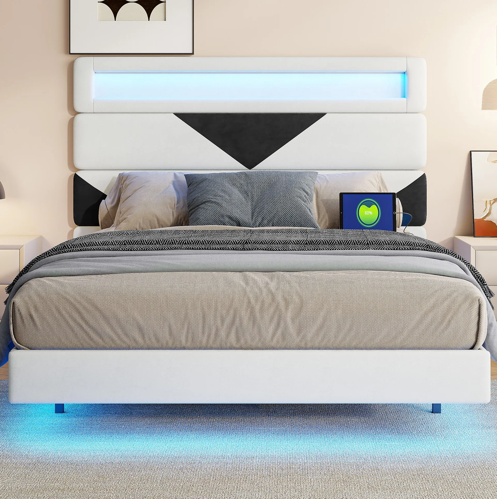 Rosahqnda Letto galleggiante 140 * 190 cm Struttura letto matrimoniale 160 * 200 cm Con LED e USB Letto imbottito Appartamento per adulti Letto per giovani Velluto