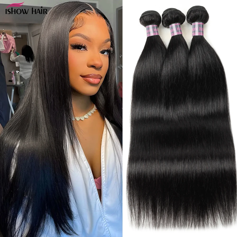 Ishow Straight Human Hair Bundles Raw Hair Bundles 100% Human Hair Extensions Natural Black Brazilian Hair Weave Bundles