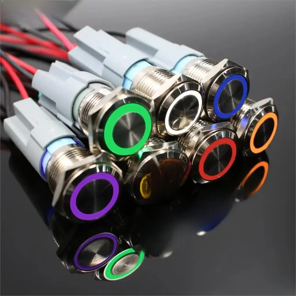 16mm Metalowy okrągły przełącznik przyciskowy Pierścień LED 5-380V 12V 6V Samoblokujący chwilowy zatrzask Wodoodporny silnik samochodowy Czerwony Niebieski PC — zdjęcie 2