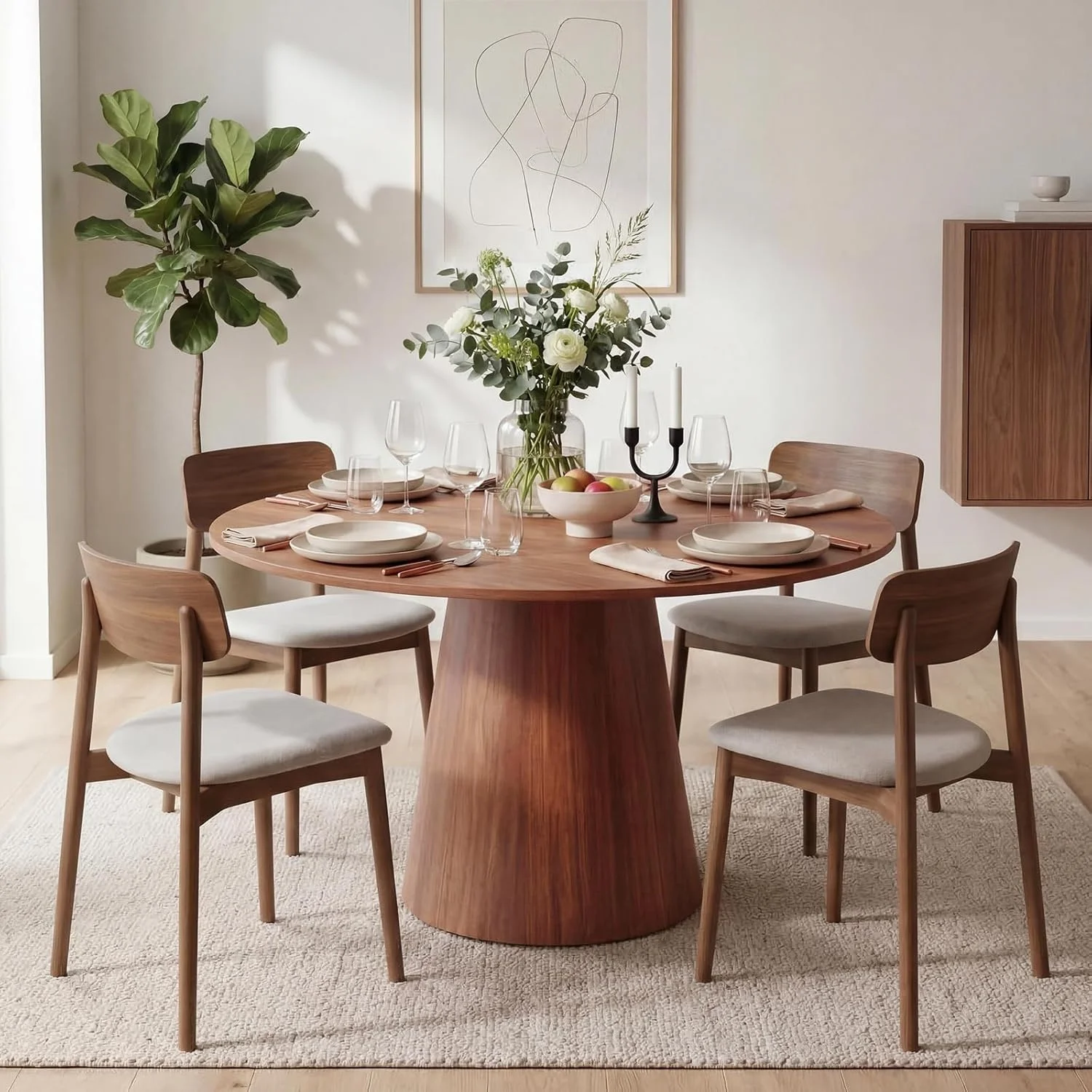 Runder Esstisch (109 cm Durchmesser) für 4 Personen – Moderner Küchentisch aus Holz mit stabilem Säulenfuß, platzsparendes Design für kleine Räume und Wohnungen, einfache Montage