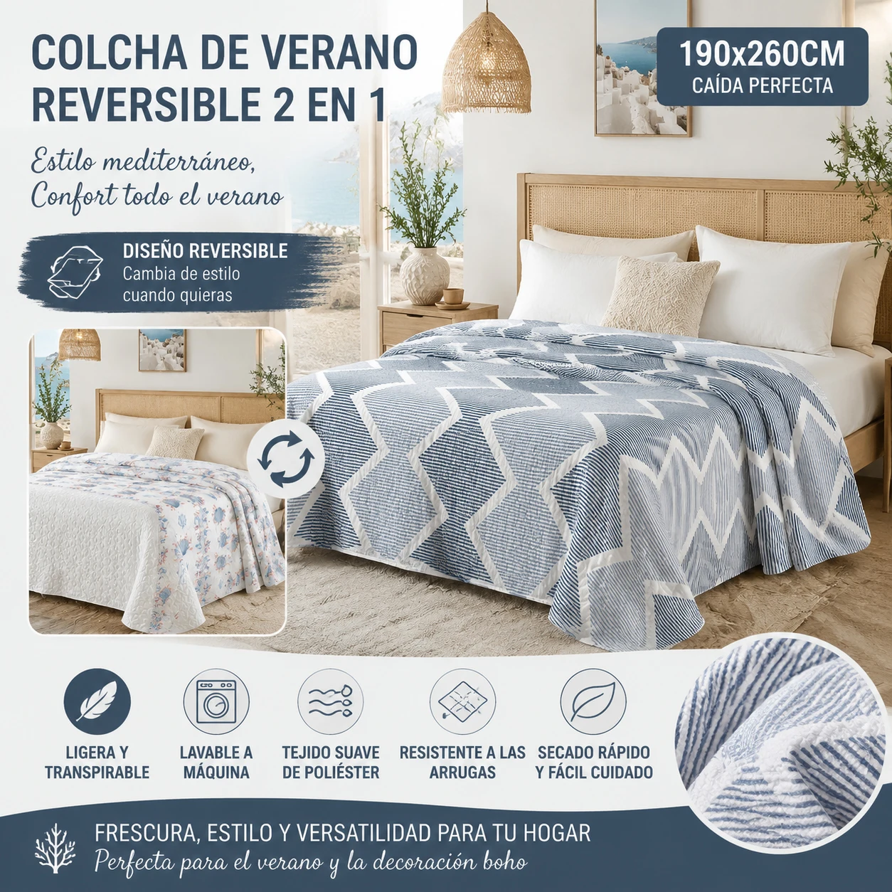 Couette d'été réversible géométrique de style méditerranéen, légère et respirante pour la climatisation, lavable en machine, deux tailles 190×260 cm et 240×260 cm