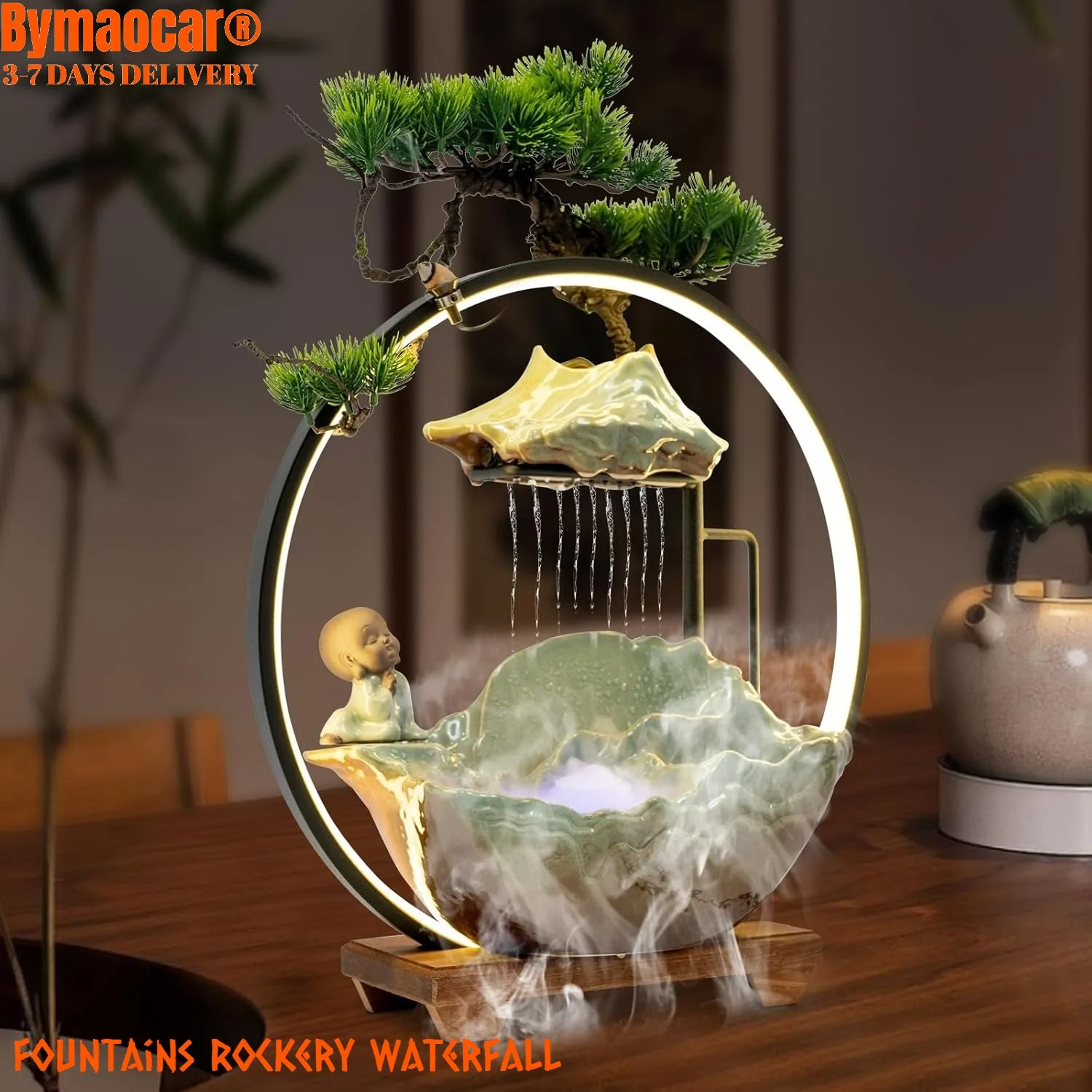 

Fountain Waterfall Tabletop with Automatic Pump & LED Light Ceramic Tabletop Water Indoor Zen Relaxation for Office, Living Room