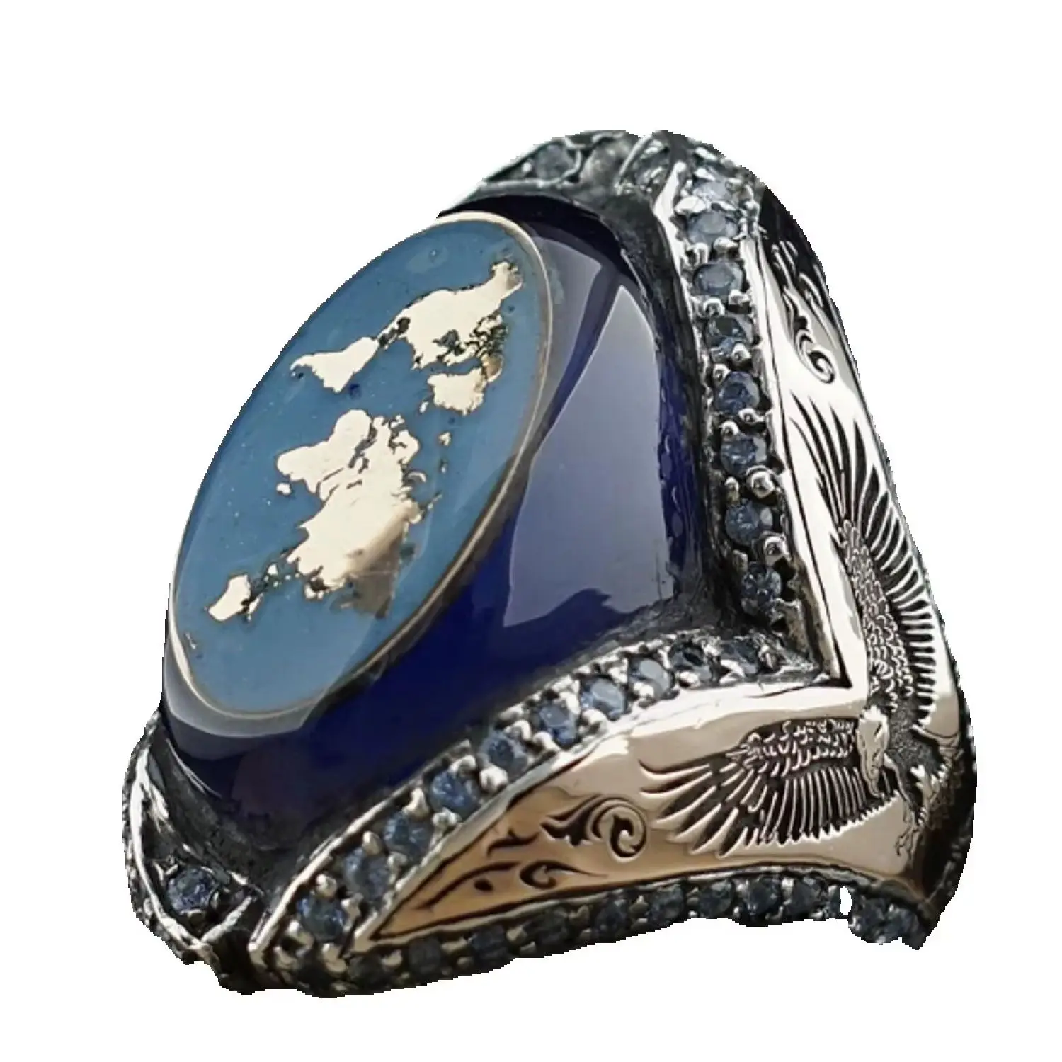 

Ottoman World Map Blue Amber Silver Men's Ring For Men's Map Silver Ring Aqua Onix Stones Studded Turkish Handmade Summer Gift