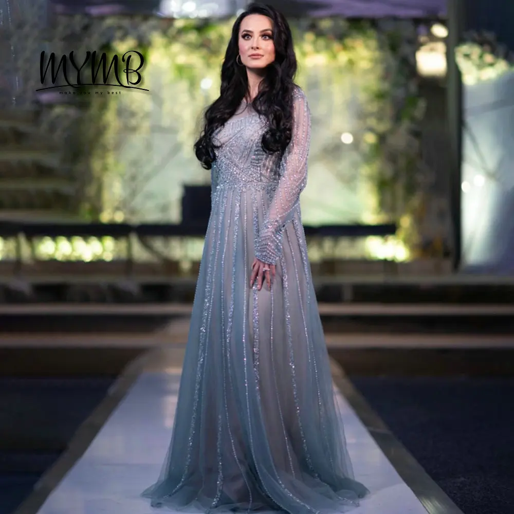 MYMB Elegant A-Line Long Sleeves Illusion Beaded Prom Dress Banquet Elegant Muslim Sequin Formal Evening Dress for Women DDS028