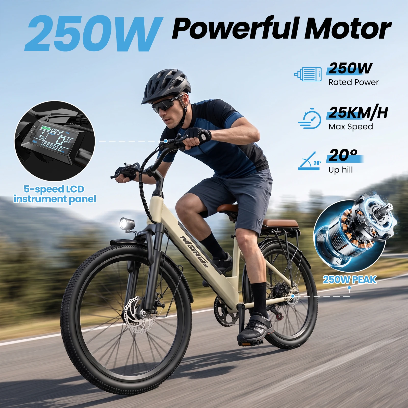 Bicicleta eléctrica para adultos con batería de 36V 13Ah y alcance de 70 km, bicicleta eléctrica urbana de 7 velocidades con suspensión y frenos de disco MairideS600 250W, E-boat
