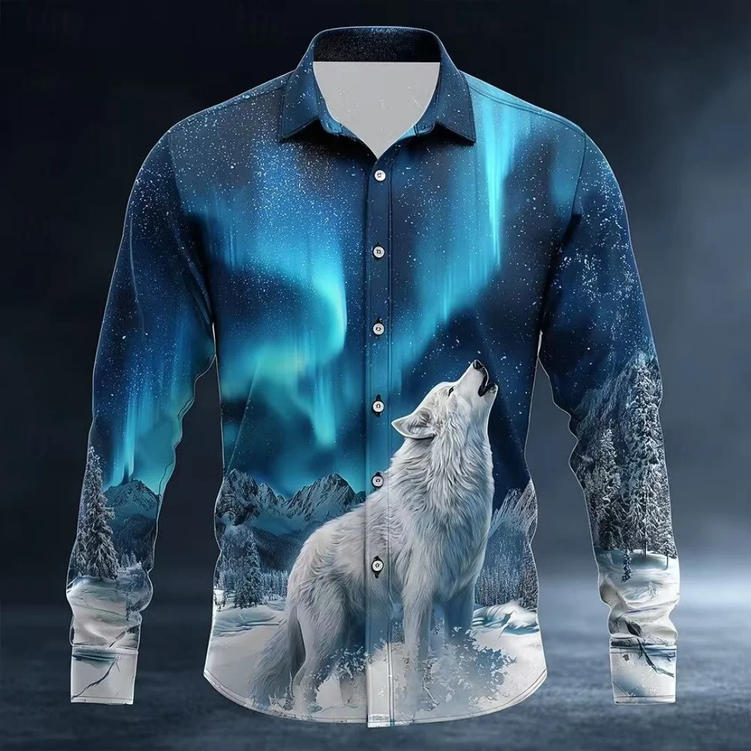 

2026 Men's Animal Wolf Natural Shirt, Fashionable 3D Print Shirt, Button-Down Shirt, Casual Long-Sleeve Shirt