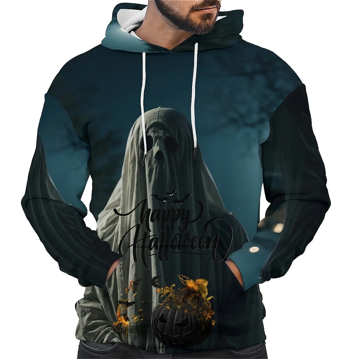 

SONSPEE unisex long sleeve hoodie featuring a 3D printed spooky skull. Perfect for autumn, offering both style and a chilling de