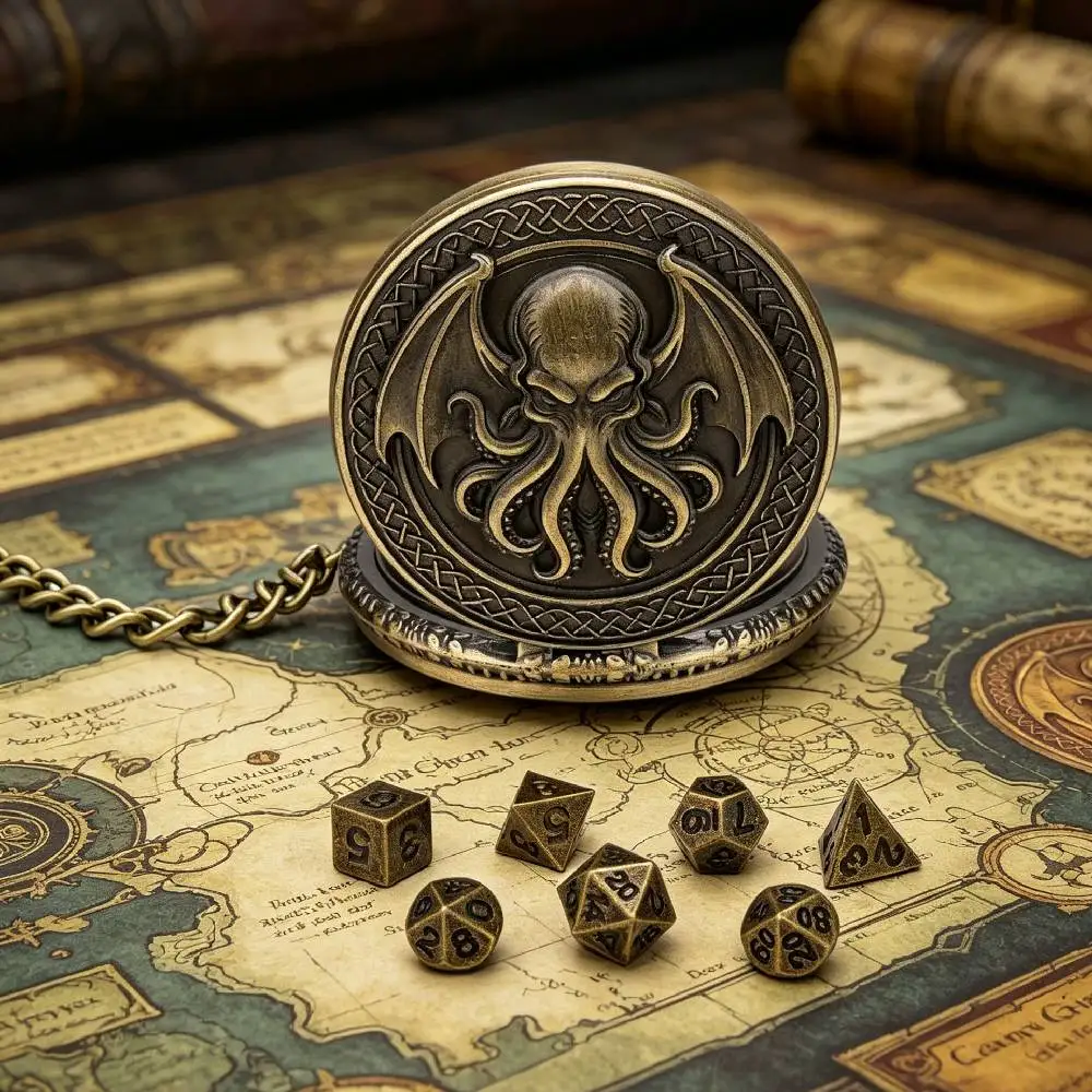 Octopus Pocket Watch Dice Case RPG Dice Watch with Mini Polyhedral Metal D&D Dice Pocket Watch DND Dice Box Role-Playing Games