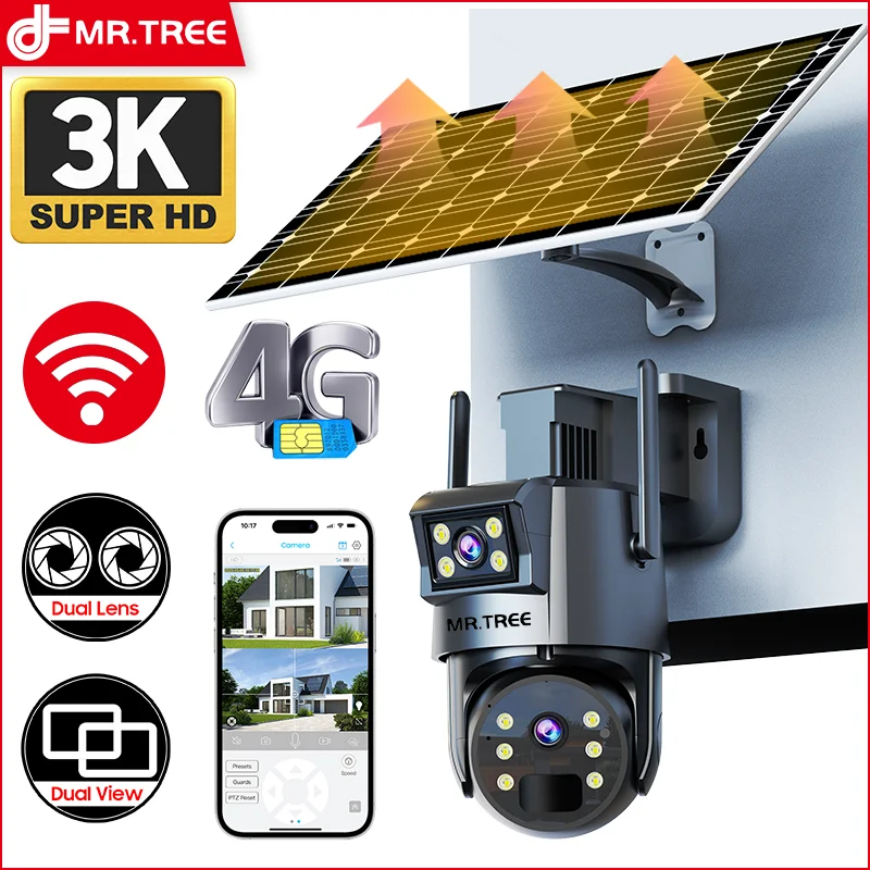 

Outdoor 4G SIM Solar Dual Lens PTZ Camera Security Waterproof PIR Alarm Motion Detection Surveillance Surveillance 3K 6MP IP Cam