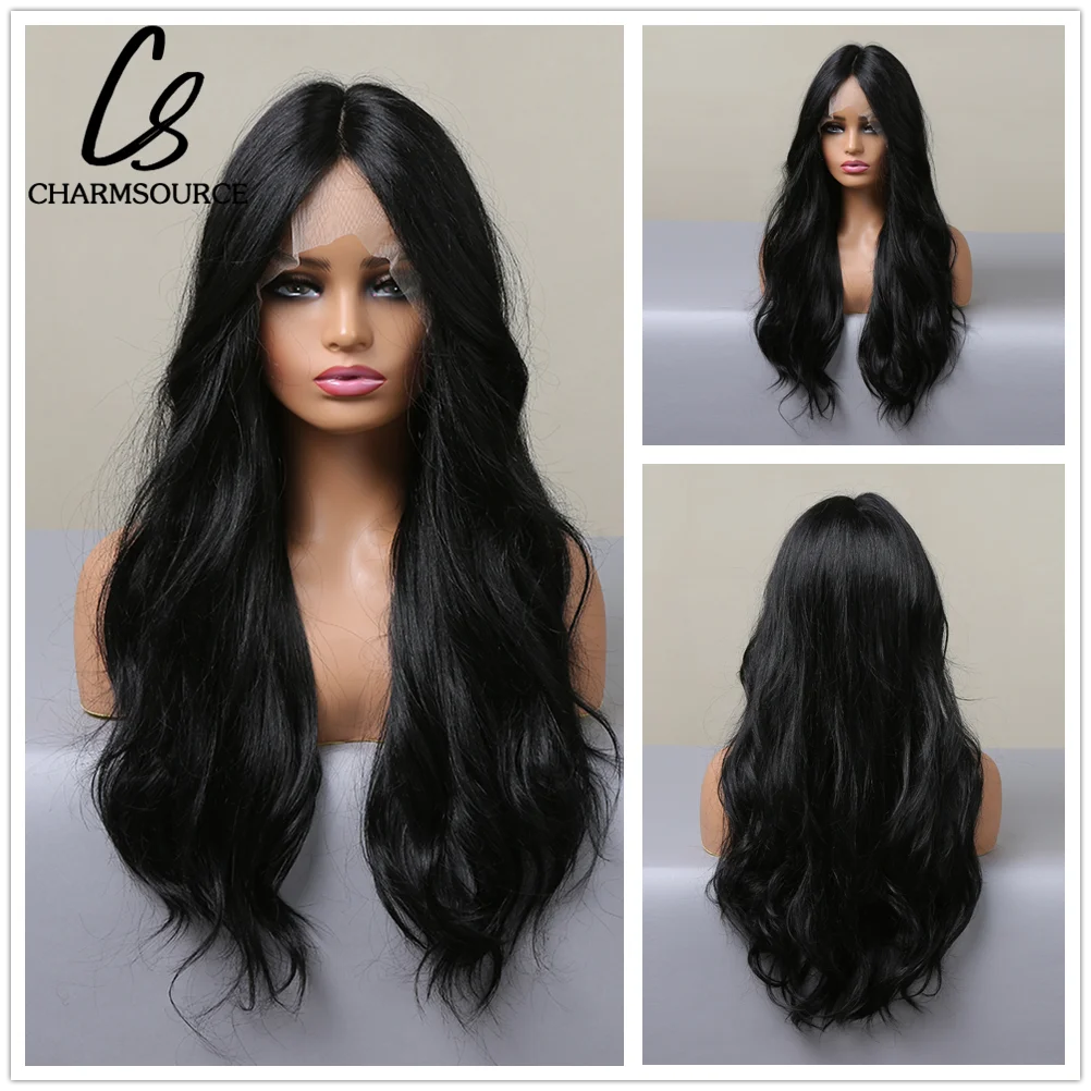 

CharmSource Long Natural Wavy Front Lace Wigs Black Synthetic Wigs for White Black Women Daily Party Wedding Hair Heat Resistant