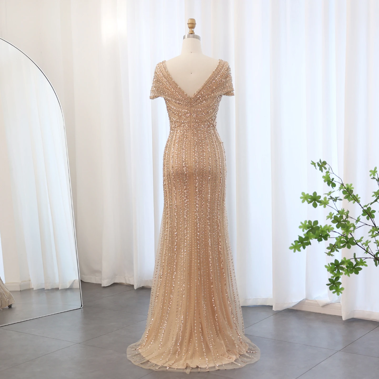 Sharon Said Luxuriöse Dubai Silber-Nude Abendkleider für Hochzeiten, Meerjungfrauenkleid mit Kapärmeln, Arabisches Formelles Partykleid SS045 Maßanfertigung – Detail 16