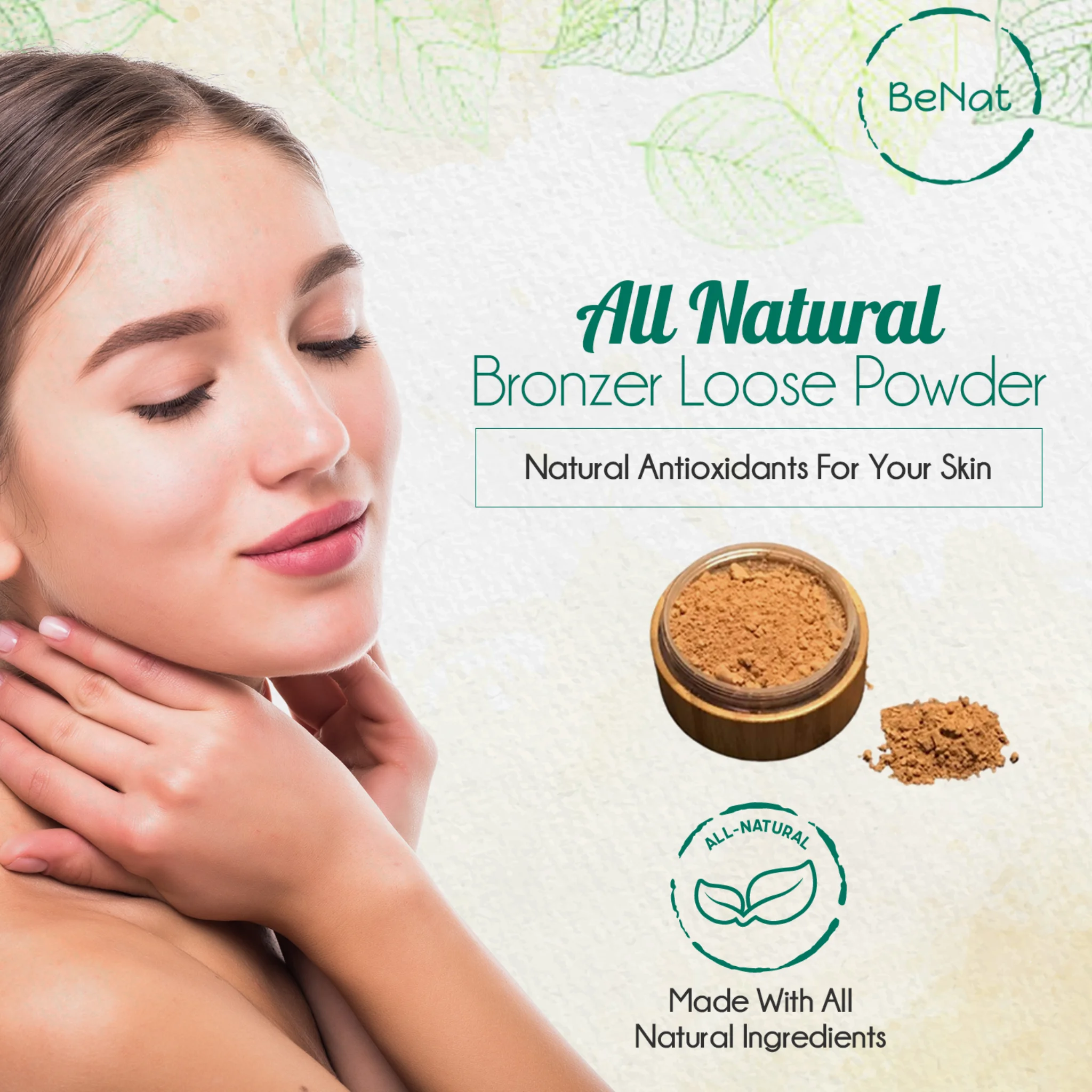 BeNat All-Natural Vegan Bronzer Loose Powder in Refillable Bamboo Jar – Handcrafted Face Shimmer Sun-Kissed Glow Bronzing Powder for All Skin Tones