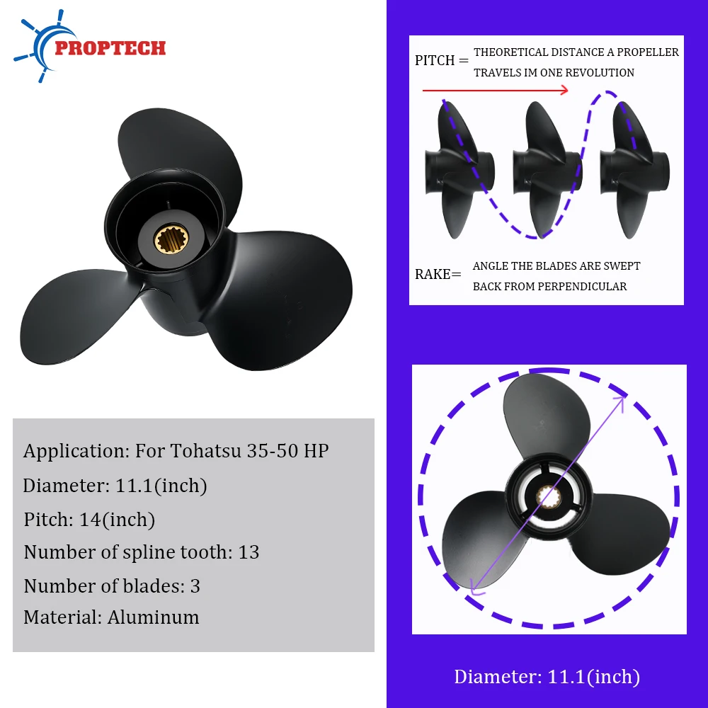 For Tohatsu Nissan 35HP 40HP 50HP 11.1x14 Outboard Propeller Boat Aluminum Alloy Screw 3 Blade 13 Spline Marine Engine