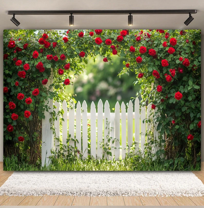 Spring Garden Backdrop Romantic Rose Arch Flower Fence Baby Birthday Wedding Party DecorBackgrounds for Photographs Photo Studio