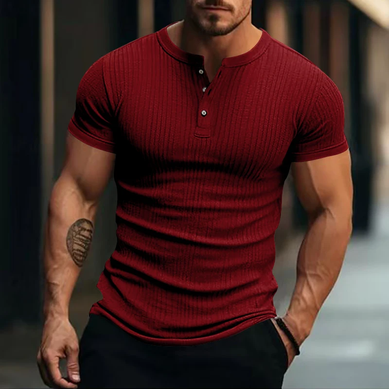 2024 Summer New Men V-neck Henley Shirts Soild Color Men\'s Fashion Vintage Button-Down Short Sleeve T Shirt Men Tees Tops