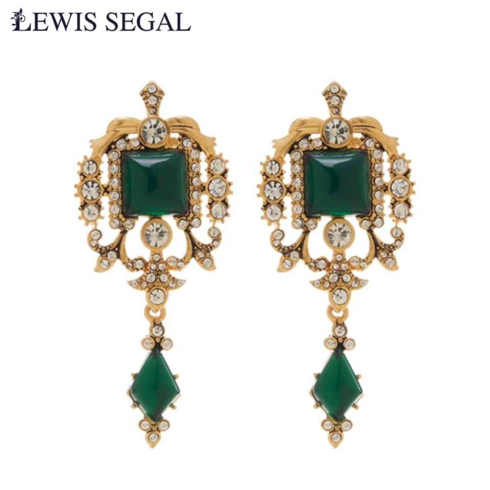 

LEWIS SEGAL Luxury Green Emerald Crown Drop Earrings for Women Vintage Statement Fine Jewelry 18K Gold Party Birthday Gift